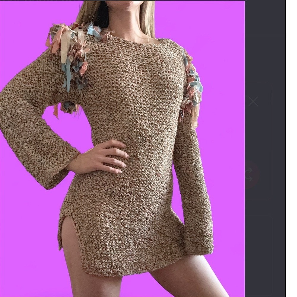 Vintage Colorful Sweater Mini Dress with Shoulder Fringe
